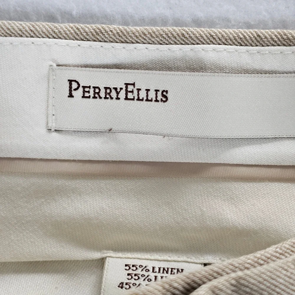 Perry Ellis Mens Beige Linen Tencel Blend Straight Leg Trousers 38x30